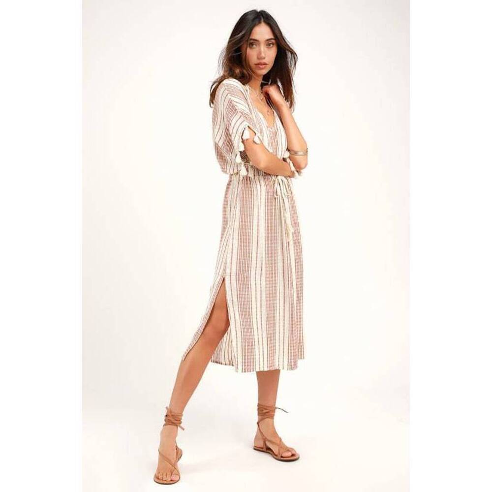 Lulus Poolside Beige And Brown Striped Short Sleeve Swim Cover-up - Size S